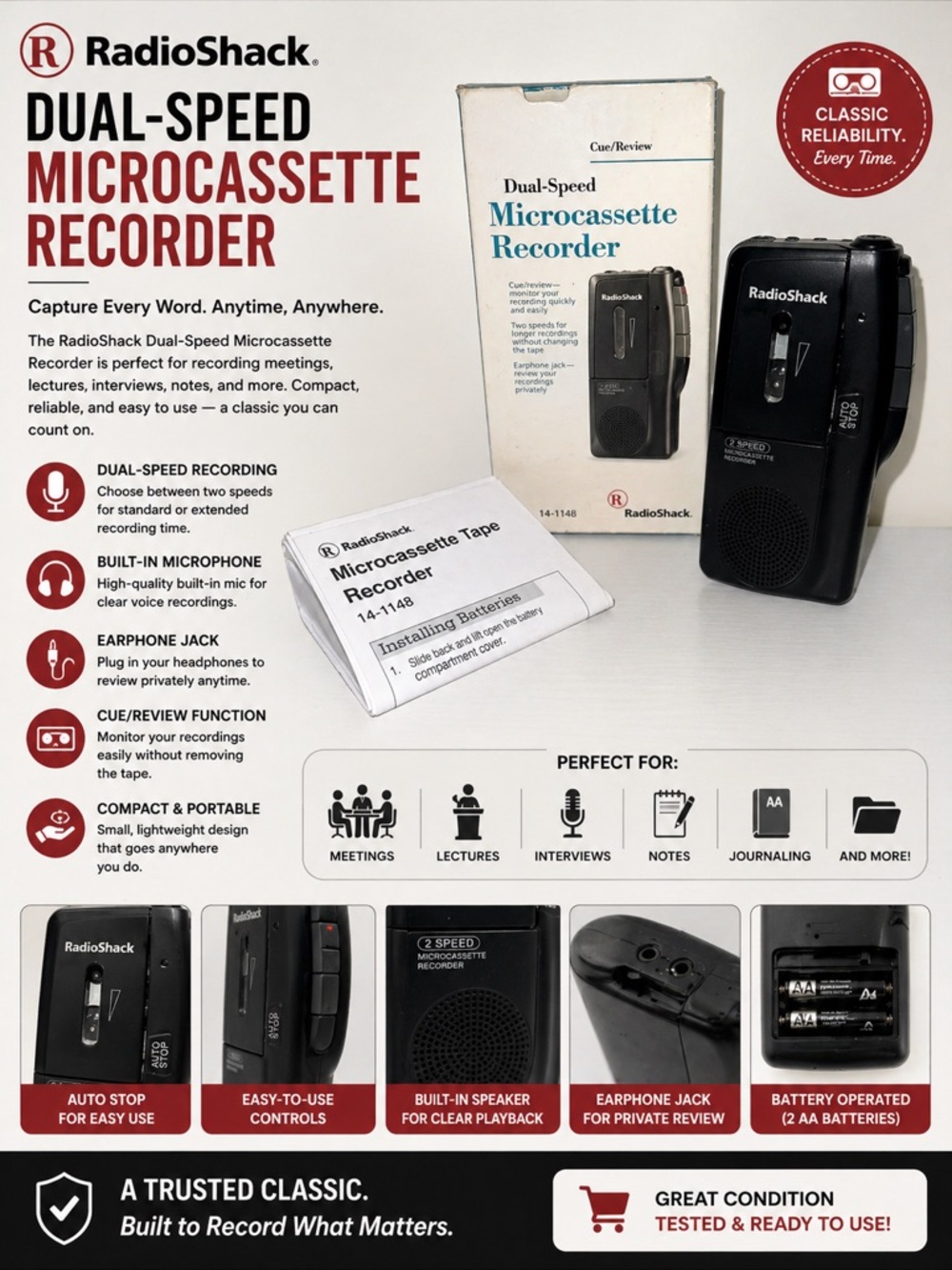 RadioShack Dual-Speed Microcassette Recorder - Black